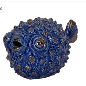 Sagebrook Home Blue Ceramic Puffer Fish Figurine Spiked Coastal Ocean Decor 10"